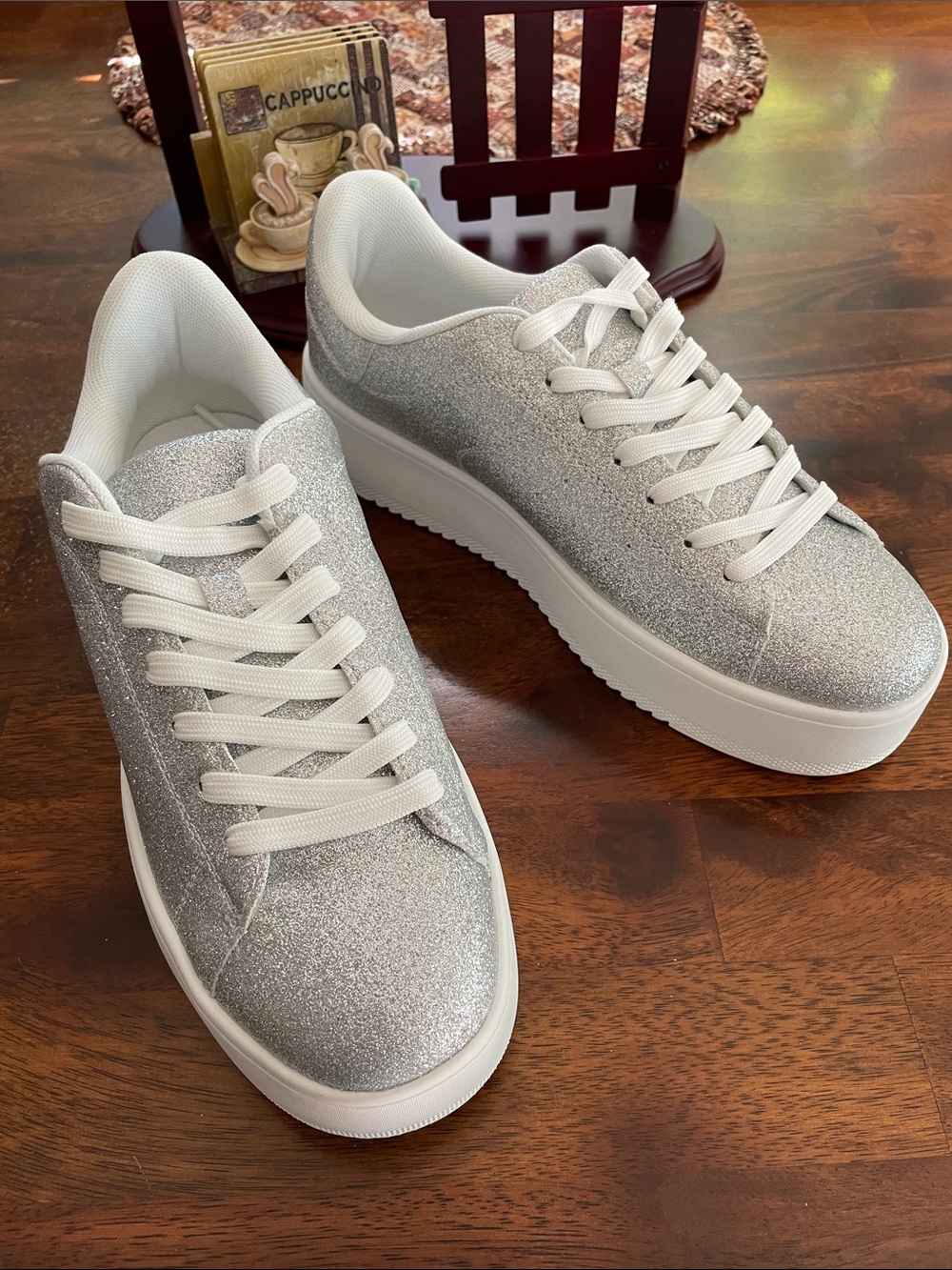 J. ADAMS Hero Platform Sneakers, Women’s 10, Silver Glitter
